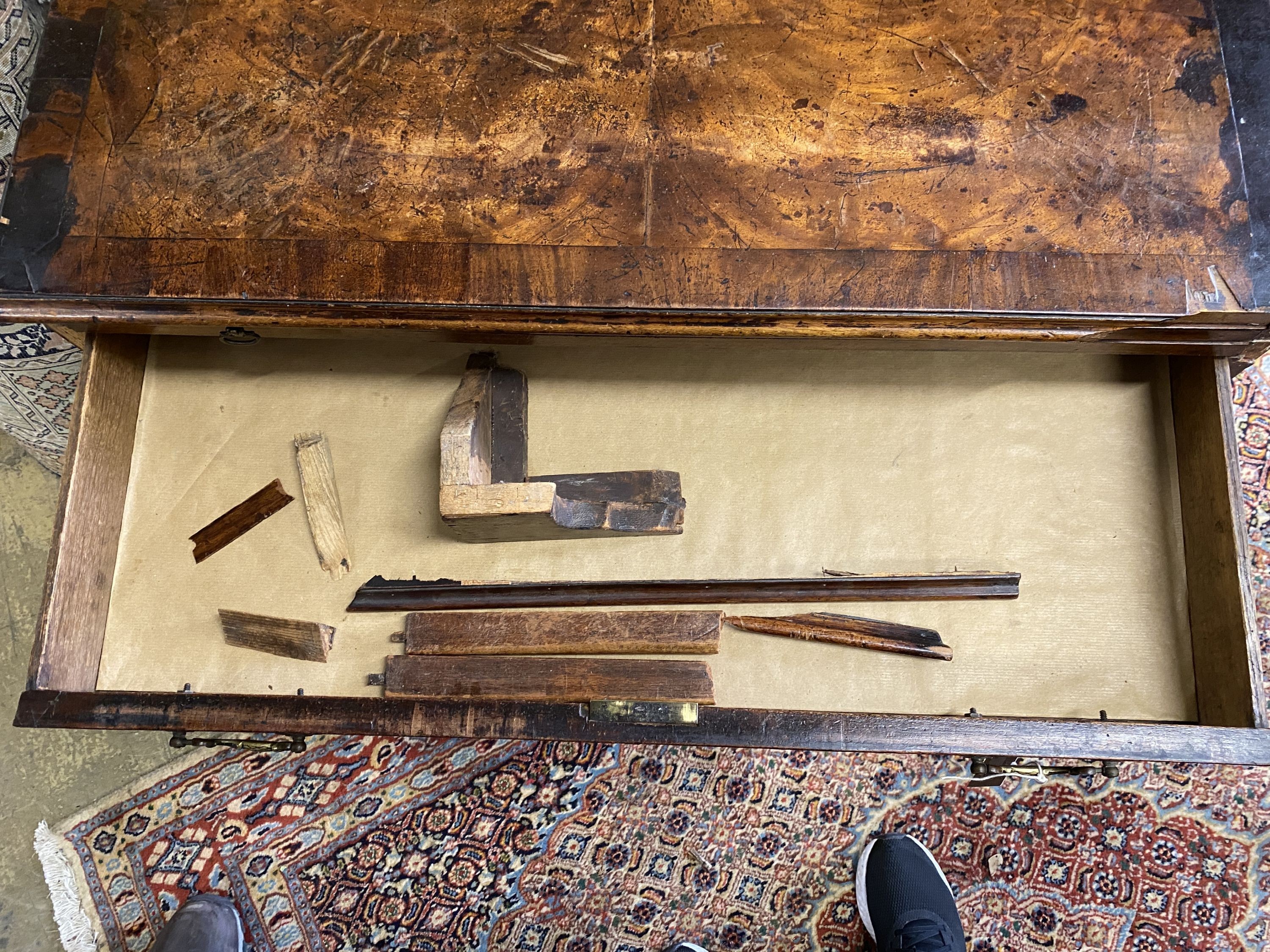 A small George III provincial mahogany four drawer chest with brushing slide, in need of restoration, width 83cm, depth 47cm, height 78cm